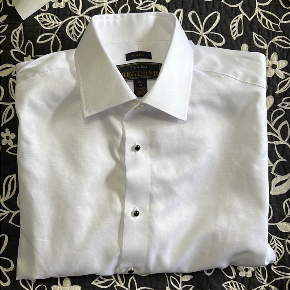 Jos a bank men’s tuxedo white dress shirt with cuffs. Arm is 35 length